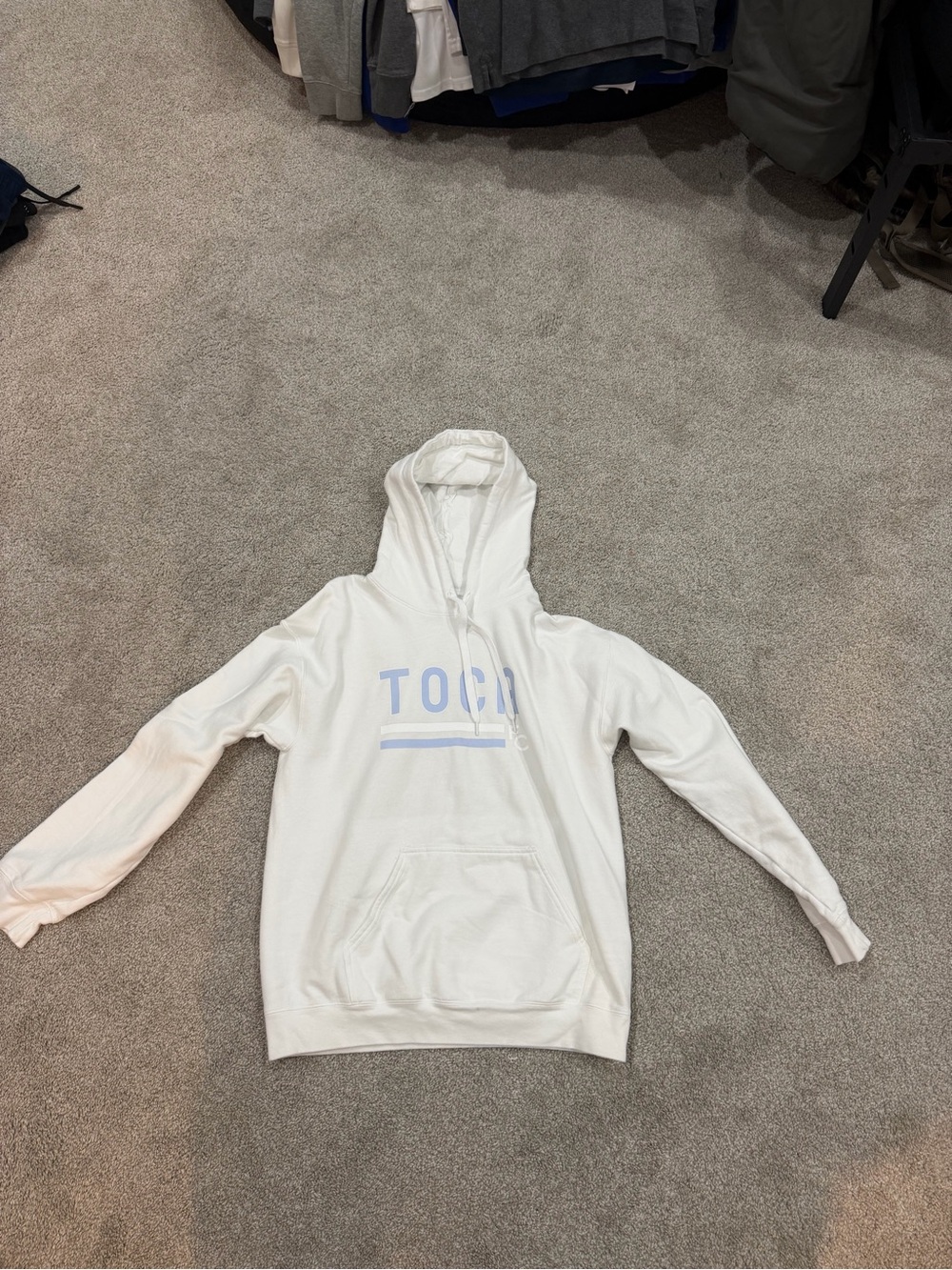 Gildan White Hoodie with Light Blue Logo